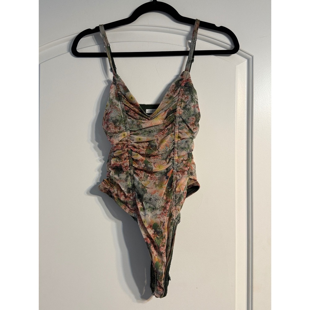 Urban Outfitters Ruched Mesh Bodysuit M Green Floral Sleeveless Fairycore Boho